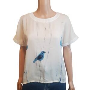 Misslook Size M Hi-Lo Beige Blue Birds on branches graphic print Blouse